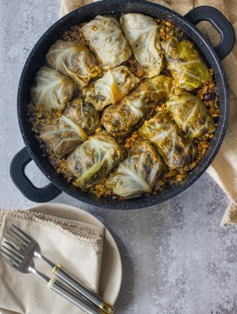 Stuffed Cabbage with Freekeh, Dried Fruits and Pine Nuts