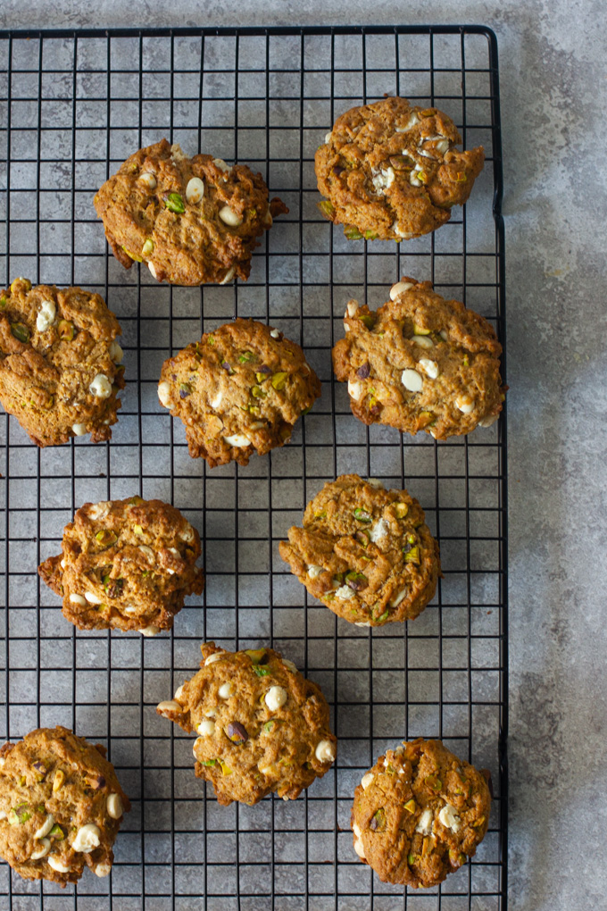 Vegan Chocolate Chip Cookies with White Chocolate and Pistachio