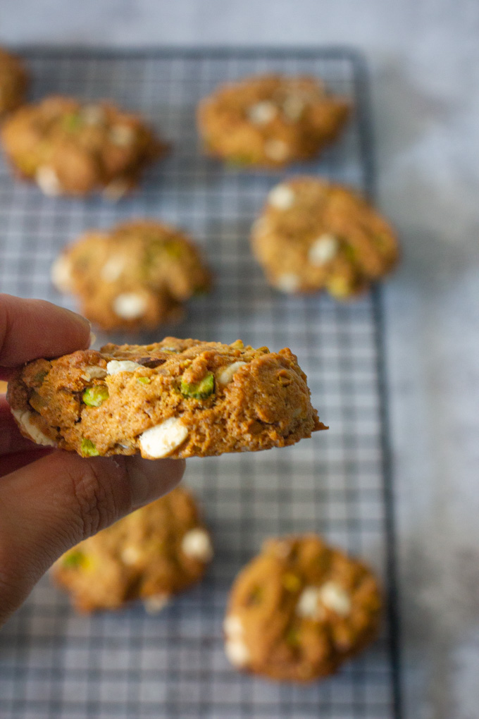Vegan Chocolate Chip Cookies with White Chocolate and Pistachio