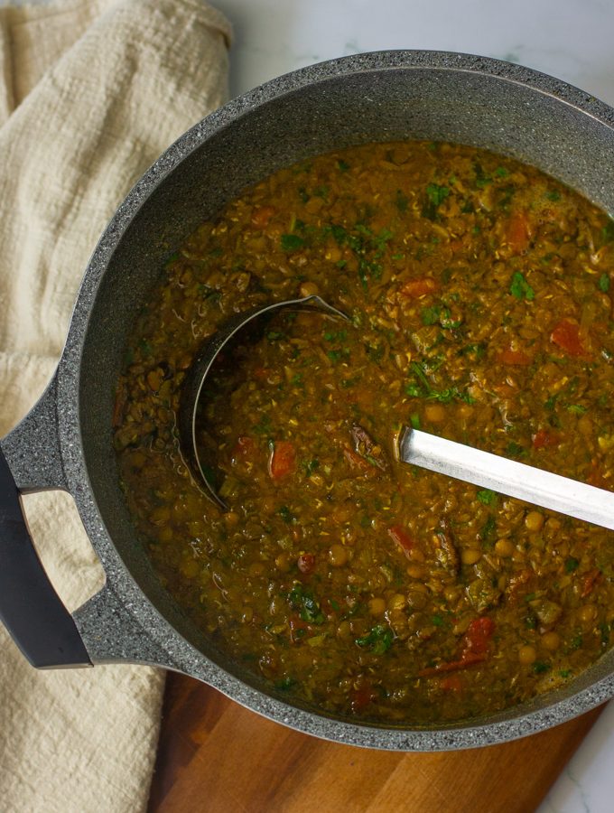 Green lentil and mushroom soup